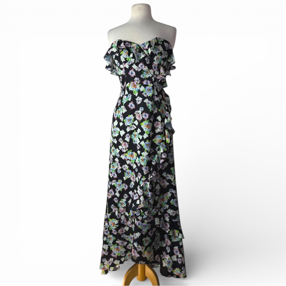 NWOT Aidan Mattox Strapless Black Floral Flounce Ruffle Hi-Low Maxi Dress US 4